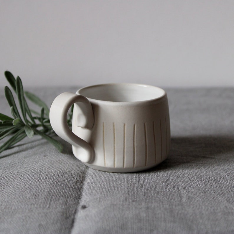 Ceramic espresso cup, White stoneware cup, Small ceramic cup, White stripe cup, Coffee lover gift, Contemporary ceramic, Small pottery cup image 4