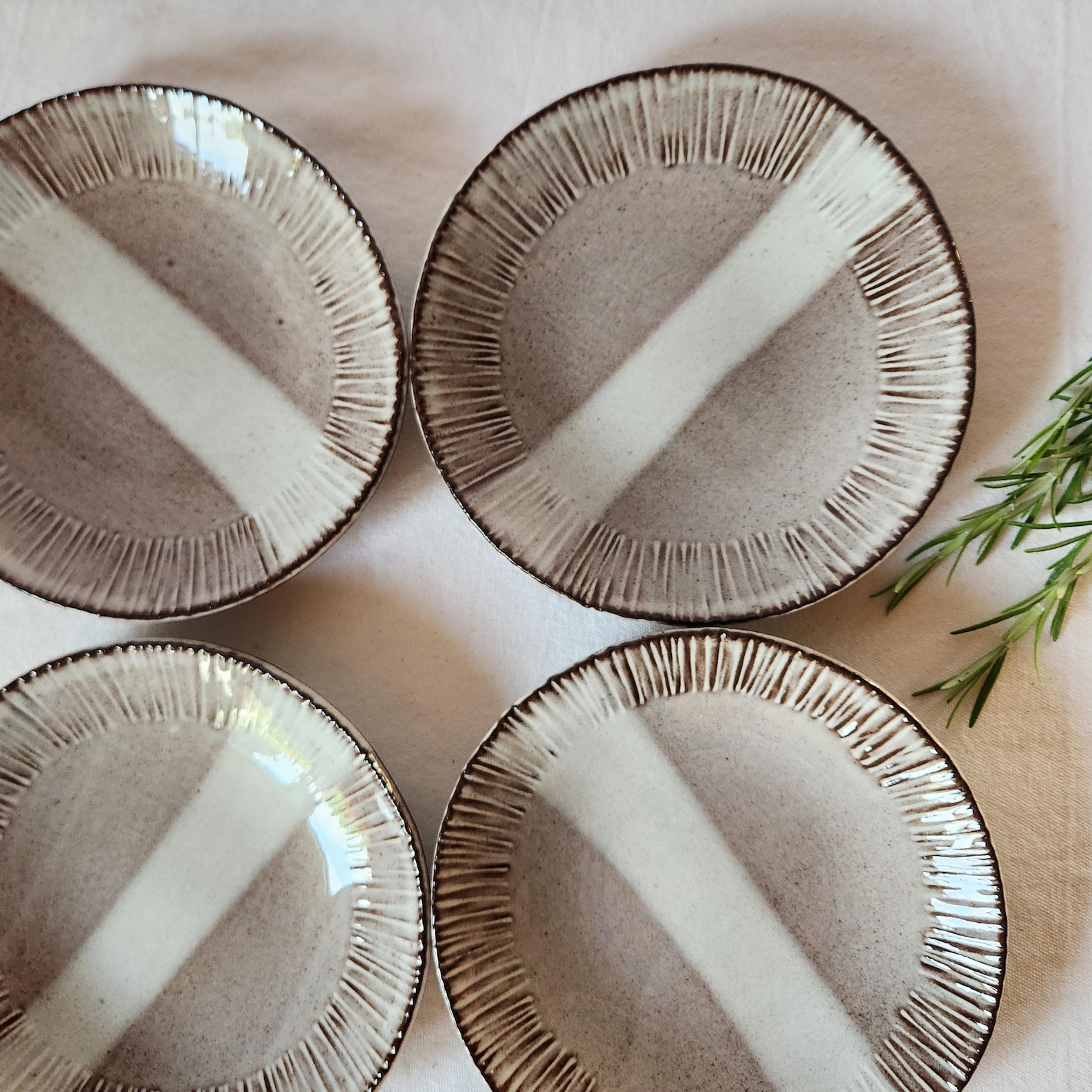 PotsbyNives - Handmade Shallow Bowls Set of Four – Black Clay, Glossy White Glaze, Unique Pottery with Decorative Rim, One of a Kind - Artisan Pottery