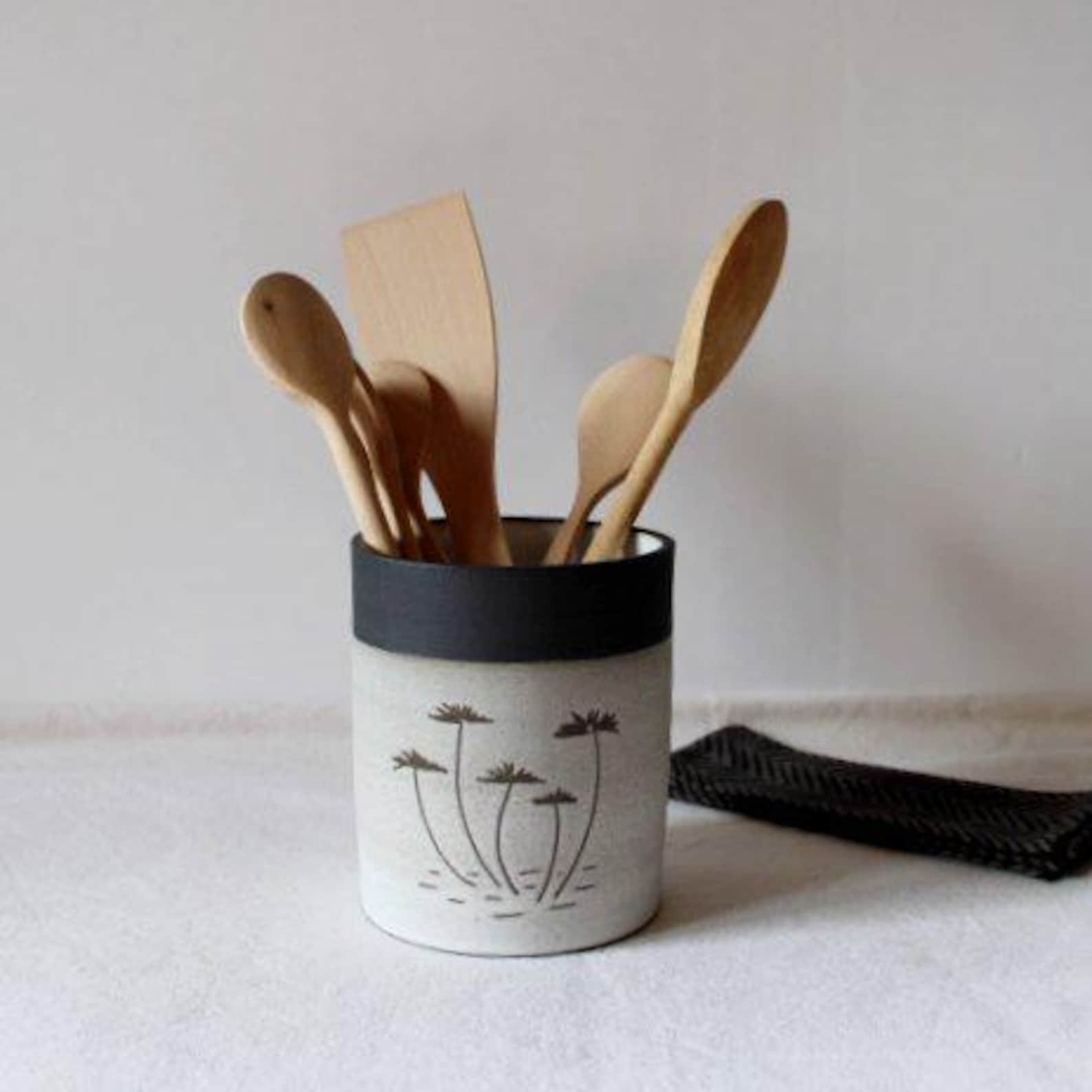 PotsbyNives - Handmade Ceramic Utensil Holder - Sgraffito Pottery Vas