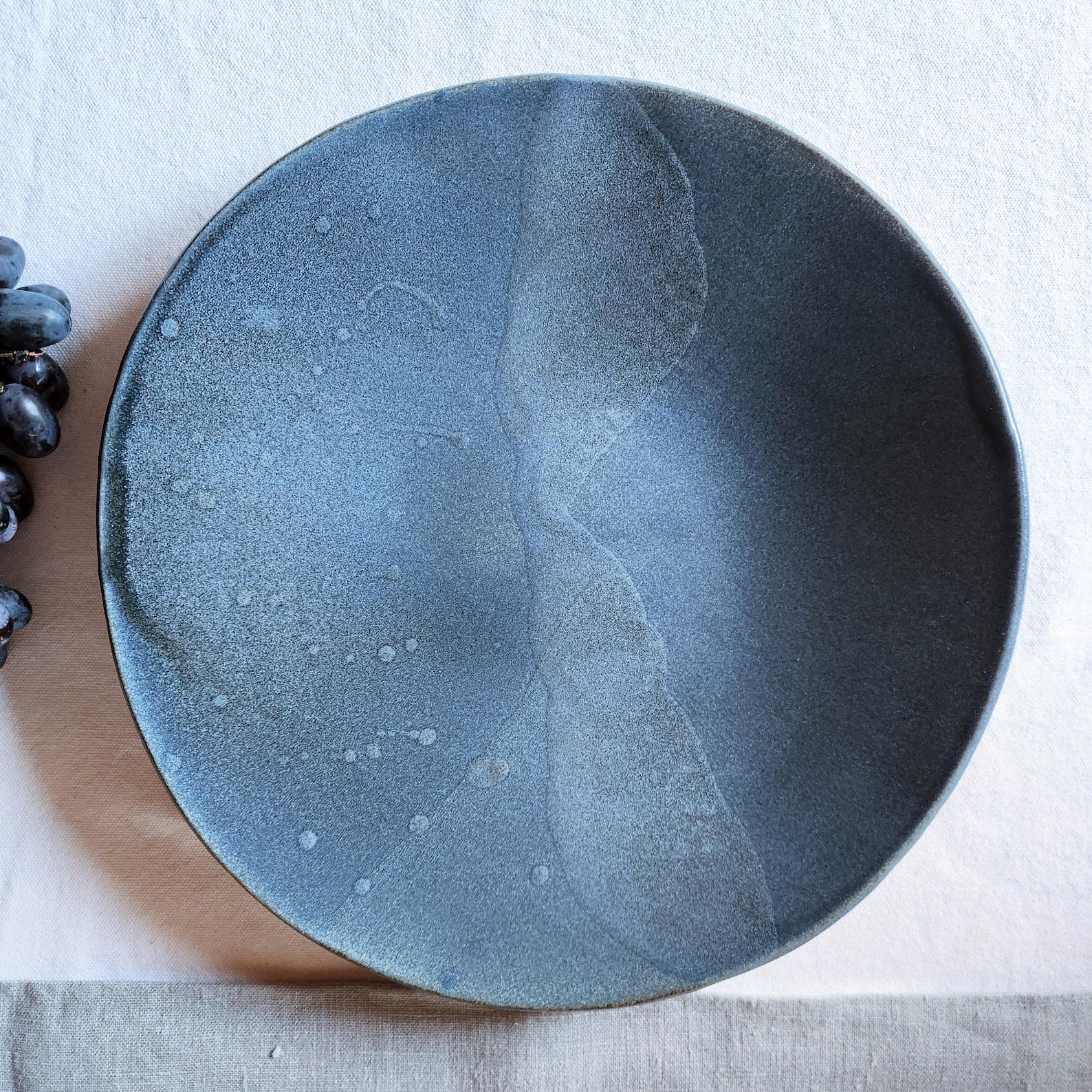 PotsbyNives - Handmade Ceramic Fruit Plate – Shallow Artisan Serving Plate in White Clay with Blue Glaze