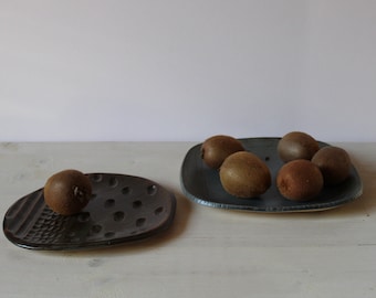Not perfect ceramic, Ceramic seconds, Two ceramic plates, Serving plates, Blue and brown pottery plates, Stoneware plates, Fruit plates