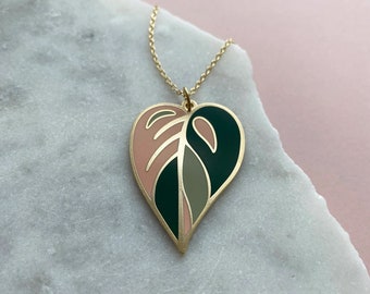 Pink Leaf Necklace - Enamel Gold Leaf Pendant - Mother's Day Gift - Enamel Pendant - Plant Necklace - Plant Jewellery - Gift For Her