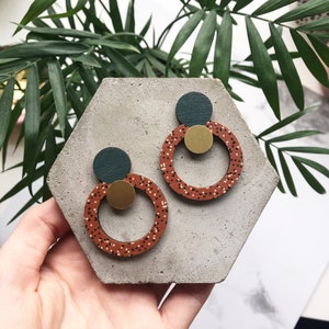 Statement Circle Earrings - Geometric Earrings - Circle Studs - Burnt Orange Earrings - Brass Earrings