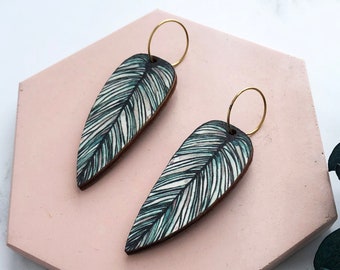 Tropical Hoop Leaf Earrings - Calathea Whitesar Earrings - Plant Hoops