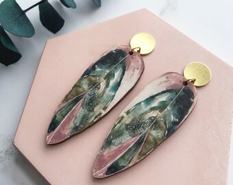 Pendientes de hojas rosas - Pendientes colgantes con diseño de planta Calathea Stromanthe Triostar