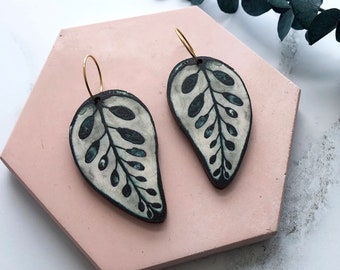 Leaf Hoop Earrings - Calathea Makoyana Earrings - Plant Hoops