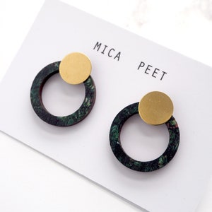 Green Ring Stud Earrings - Circle Earrings - Circle Studs - Geometric Hoop Earrings - Brass Earrings - Ring Earrings - Minimal Studs