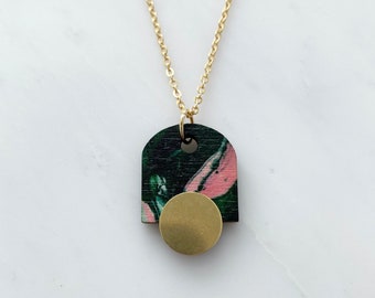 Geometric Arch Pendant - Minimal Necklace - Geometric Jewellery - Gift For Her - Arc Necklace - Green & Pink Marble Necklace