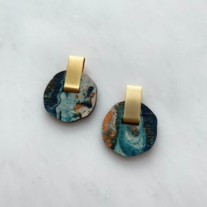 Irregular Circle Studs - Round Stud Earrings - Disc Stud Earrings - Organic Earrings - Geometric Gold Stud Earrings - Orange & Teal