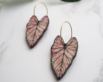 Pink Plant Earrings - Tropical Leaf Hoop Earrings - Caladium Hoop Earrings - Botanical Earrings - Gifts For Her - Mothers Day Gift