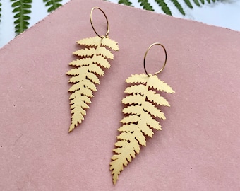 Fern Hoop Earrings - Gold Fern Earrings - Leaf Hoops - Fern Jewellery - Statement Fern Earrings - Plant Earrings - Gifts For Her