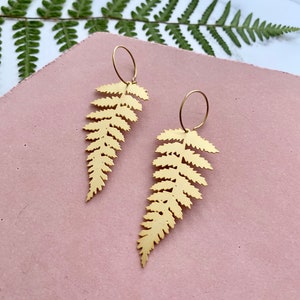 Fern Hoop Earrings - Gold Fern Earrings - Leaf Hoops - Fern Jewellery - Statement Fern Earrings - Plant Earrings - Gifts For Her