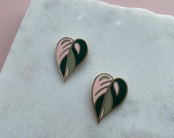 Pink Princess Philodendron Earrings - Enamel Leaf Studs