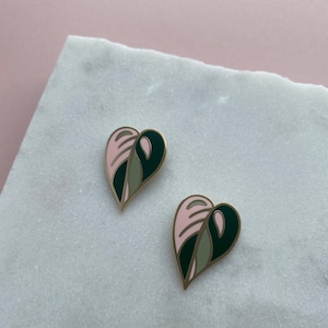 Pink Leaf Enamel Earrings - Plant Stud Earrings - Leaf Jewellery - Enamel Studs - Gift For Her