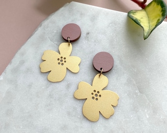 Flower Dangle Earrings - Statement Gold Earrings - Floral Statement Earrings - Gold Flower Earrings - Botanical Studs - Pink & Gold Earrings