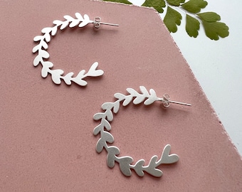 Silver Leaf Hoop Studs - Olive Branch Stud Earrings - Minimal Silver Earring Earrings - Olive Leaf Hoops