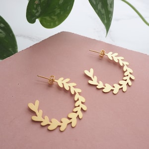Gold Leaf Hoop Studs - Olive Branch Stud Earrings - Minimal Gold Earring Earrings - Olive Leaf Hoops