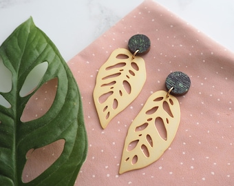 Gold Monstera Drop Earrings - Gold Leaf Dangle Studs - Monstera Jewellery - Cheese Plant Earrings - Monstera Obliqua - Monstera Adansonii