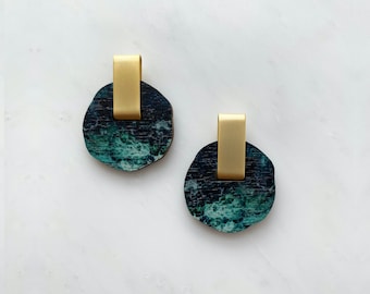 Teal & Gold Circle Earrings -  Irregular Circle Studs - Organic Earrings - Geometric Stud Earrings - Gifts For Her