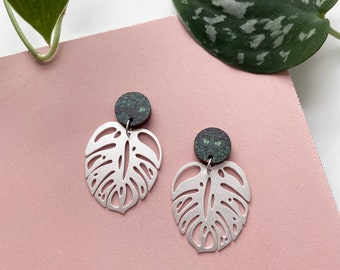 Silver Monstera Drop Stud Earrings - Statement Plant Earrings - Cheese Plant Studs -  Monstera Jewellery - Botanical Silver Earrings