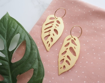 Gold Plated Monstera Leaf Hoop Earrings – Hypoallergenic Jewelry