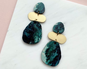 Statement Geometric Drop Earrings - Pebble Drop Studs - Gifts For her - Party Earrings - Festive Earrings - Teal & Gold Geometric Studs