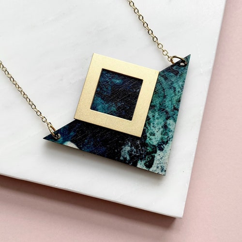 Teal & Gold Triangle Necklace - Geometric Necklace - Statement Pendant - Modern Geometric Jewellery - Gift For Her