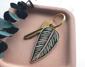 Calathea Ornata Leaf Keychain - Matte Gold Enamel Plant Keyring
