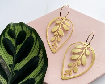 Gold Leaf Hoop Earrings - Calathea Makoyana Earrings