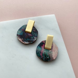 Pink Round Stud Earrings -Geometric Gold Stud Earrings - Disc Stud Earrings - Organic Earrings