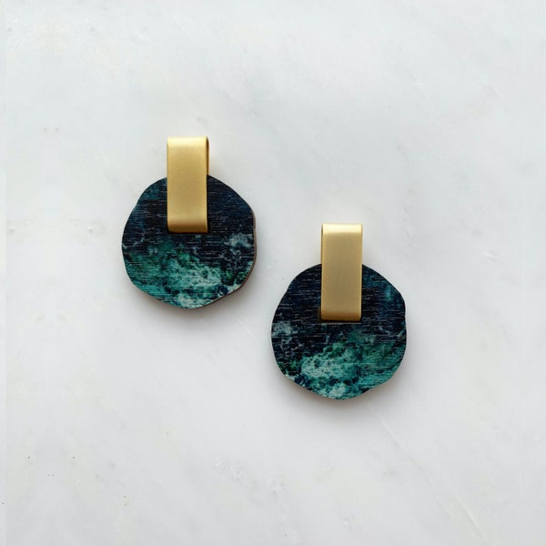 Teal & Gold Circle Earrings -  Irregular Circle Studs - Organic Earrings - Geometric Stud Earrings - Gifts For Her