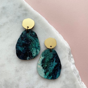 Teal & Gold Pebble Drop Studs - Statement Geometric Drop Earrings - Irregular Geo Dangle Earrings