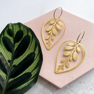 Gold Leaf Hoop Earrings - Calathea Makoyana Earrings