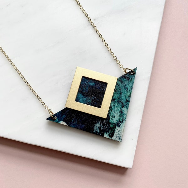 Teal & Gold Triangle Necklace - Geometric Necklace - Statement Pendant - Modern Geometric Jewellery - Gift For Her
