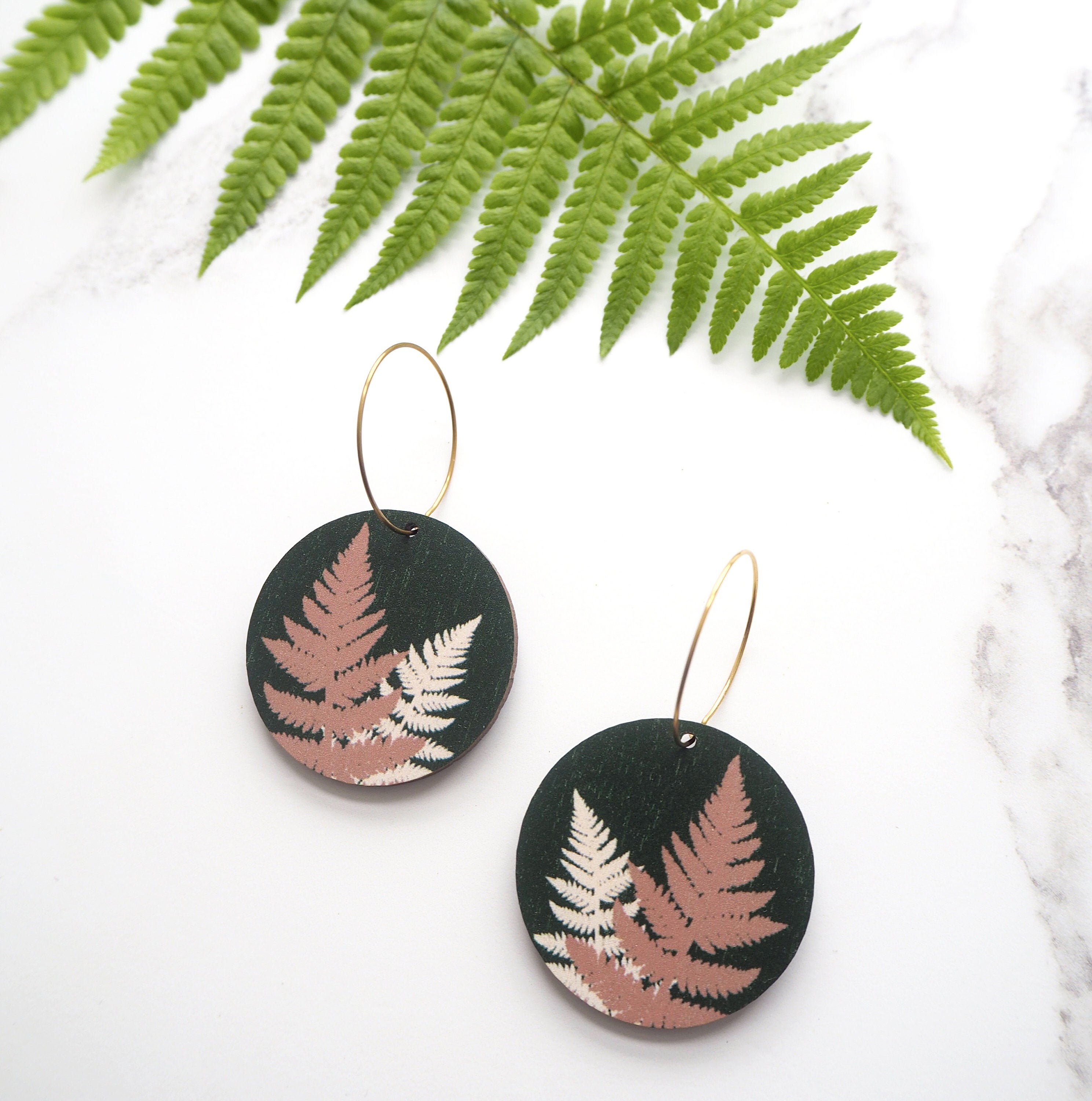Green Fern Hoop Earrings - Botanical Leaf Plant Jewellery Gift For Her