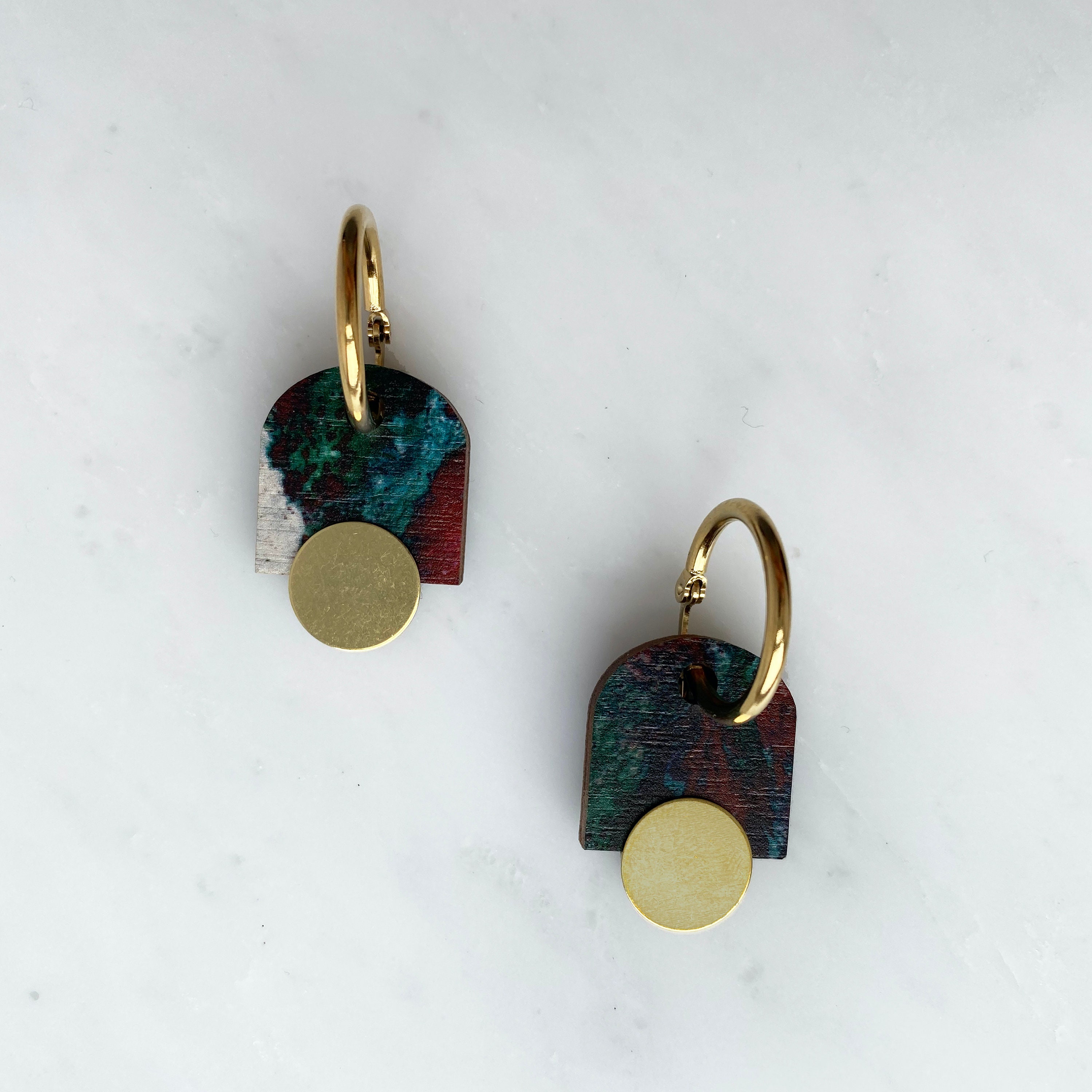 Modern Geometric Hoop Earrings - Arch Jewellery Gift For Her Minimal Red & Green Marble
