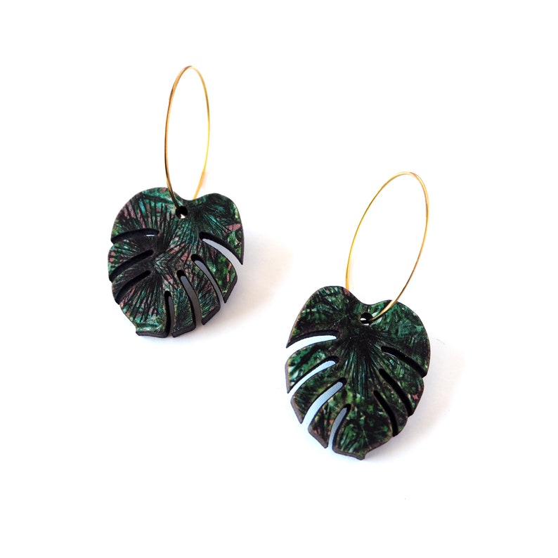 Green Monstera Hoop Earrings Tropical Leaf Jewellery Cheese Plant Earrings Tropical Hoop Earrings Plant Earrings Gift For Her image 2