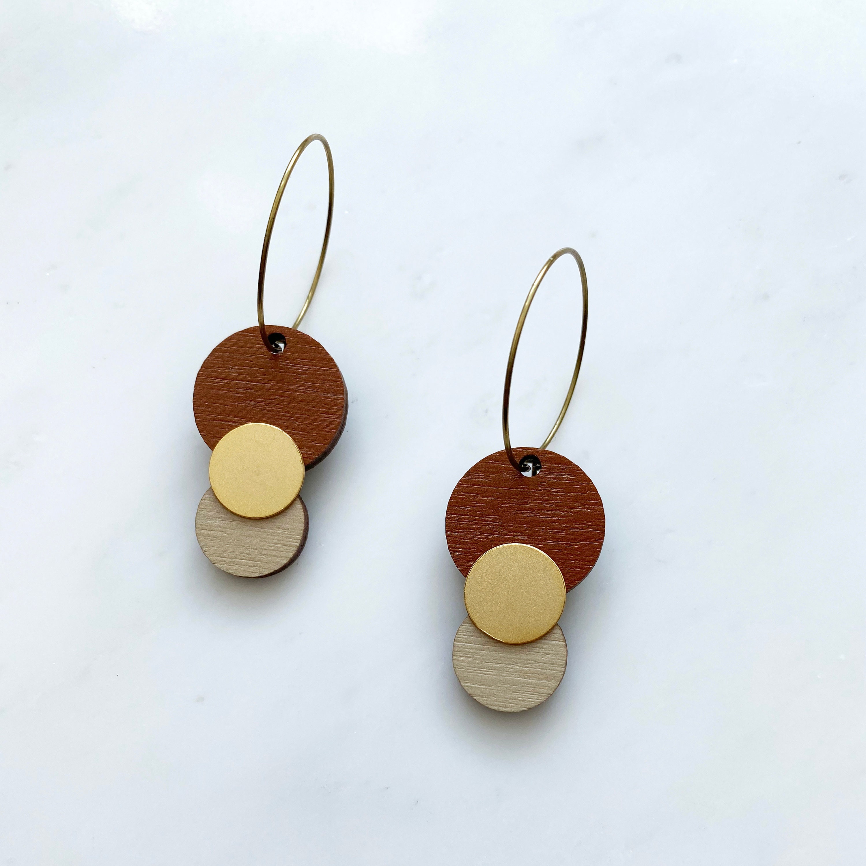 Orange & Cream Geometric Hoop Earrings - Gold Circle Gift For Her Minimal