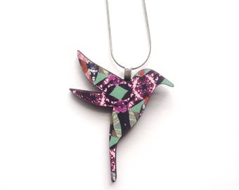 Printed Hummingbird Necklace - Silver Plated Chain, Bird Jewelry