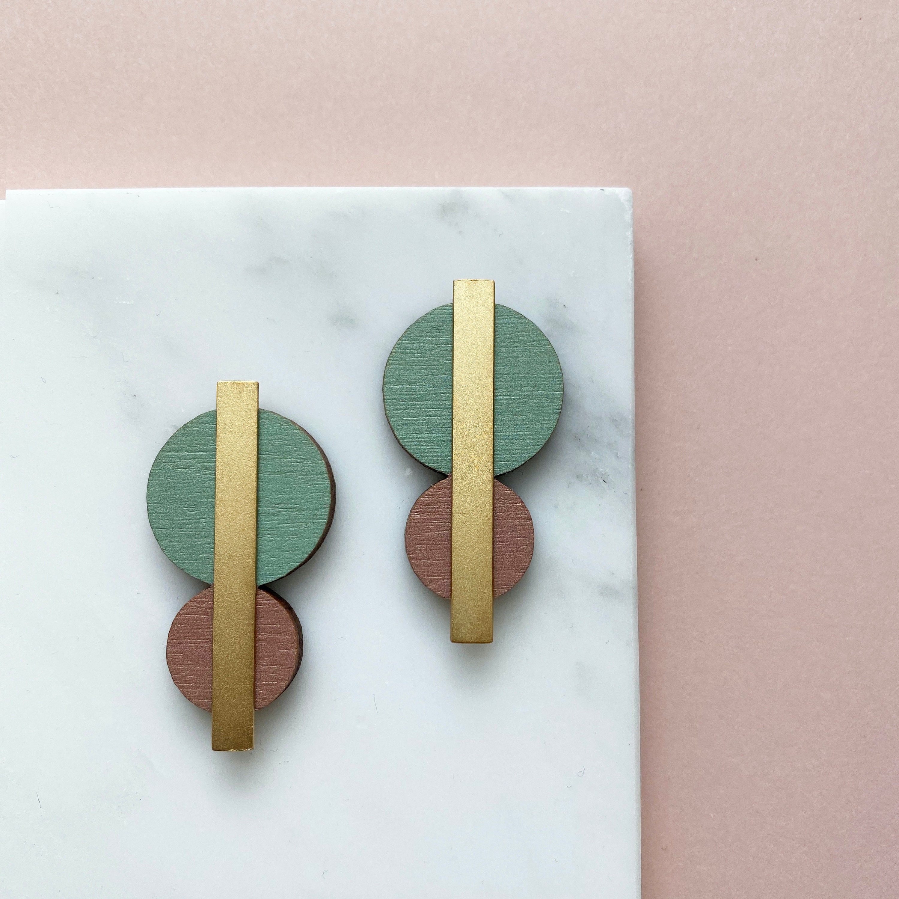 Mint & Pink Circle Stud Earrings - Gold Geometric Studs Round Minimal Jewellery Gift For Her