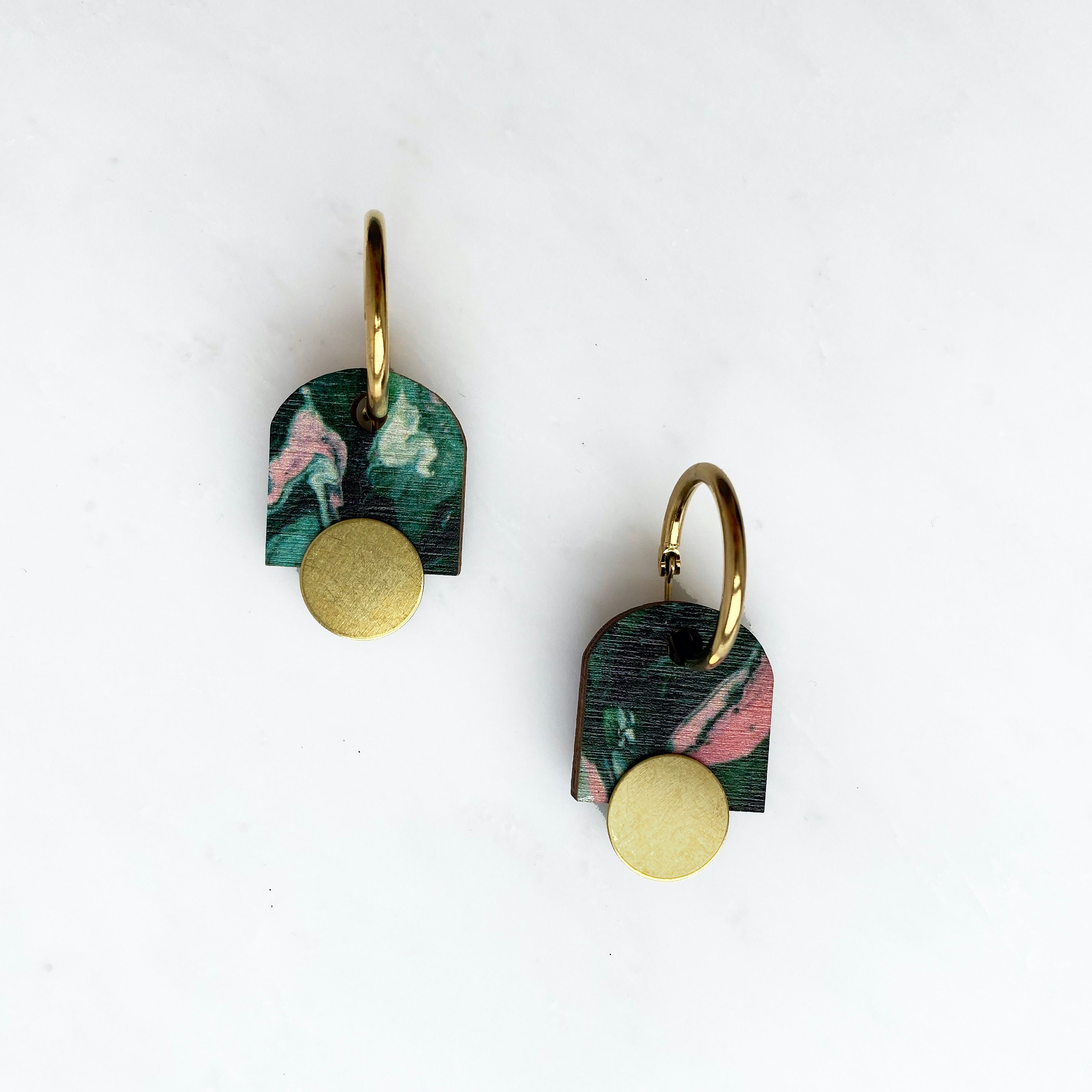 Green Marble Arc Hoop Earrings - Geometric Jewellery Gift For Her Minimal