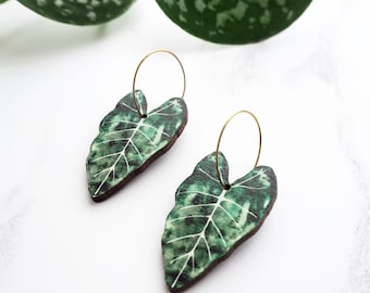 Tropical Leaf Hoop Earrings - Alocasia Hoop Earrings - Green Plant Earrings - Leaf Hoop Earrings