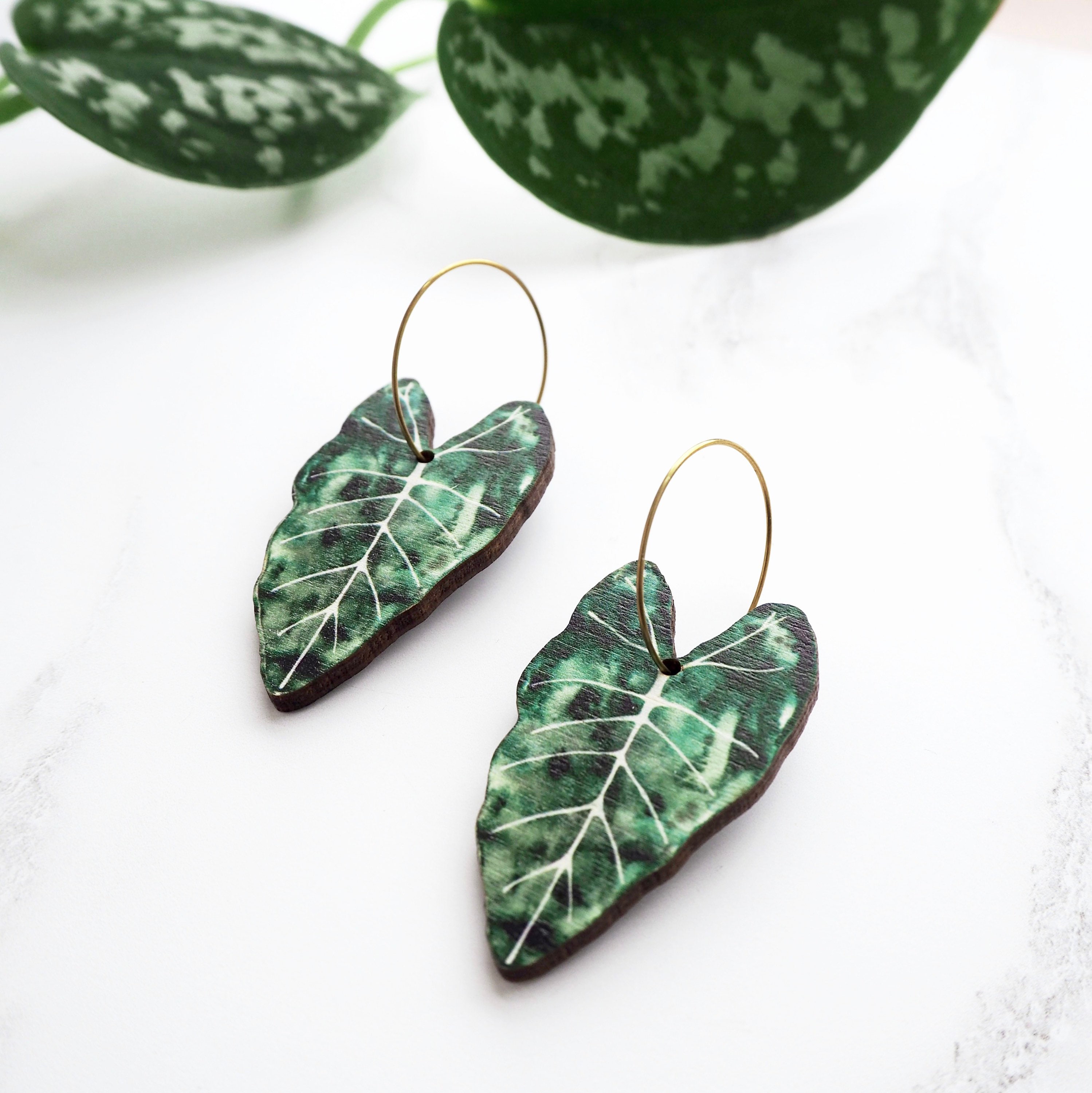 Tropical Leaf Hoop Earrings - Alocasia Green Plant