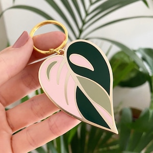 Pink Leaf Enamel Keyring - House Plant Keychain - Plant Stocking Filler Gift - Pink Princess Philodendron - Gift For Plant Lover