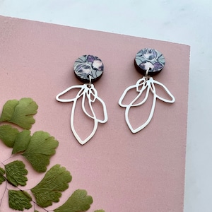 Silver Flower Petal Drop Earrings, Simple Earrings, Flower Dangle Earrings, Silver Leaf Drop Earrings, Floral Statement Earrings