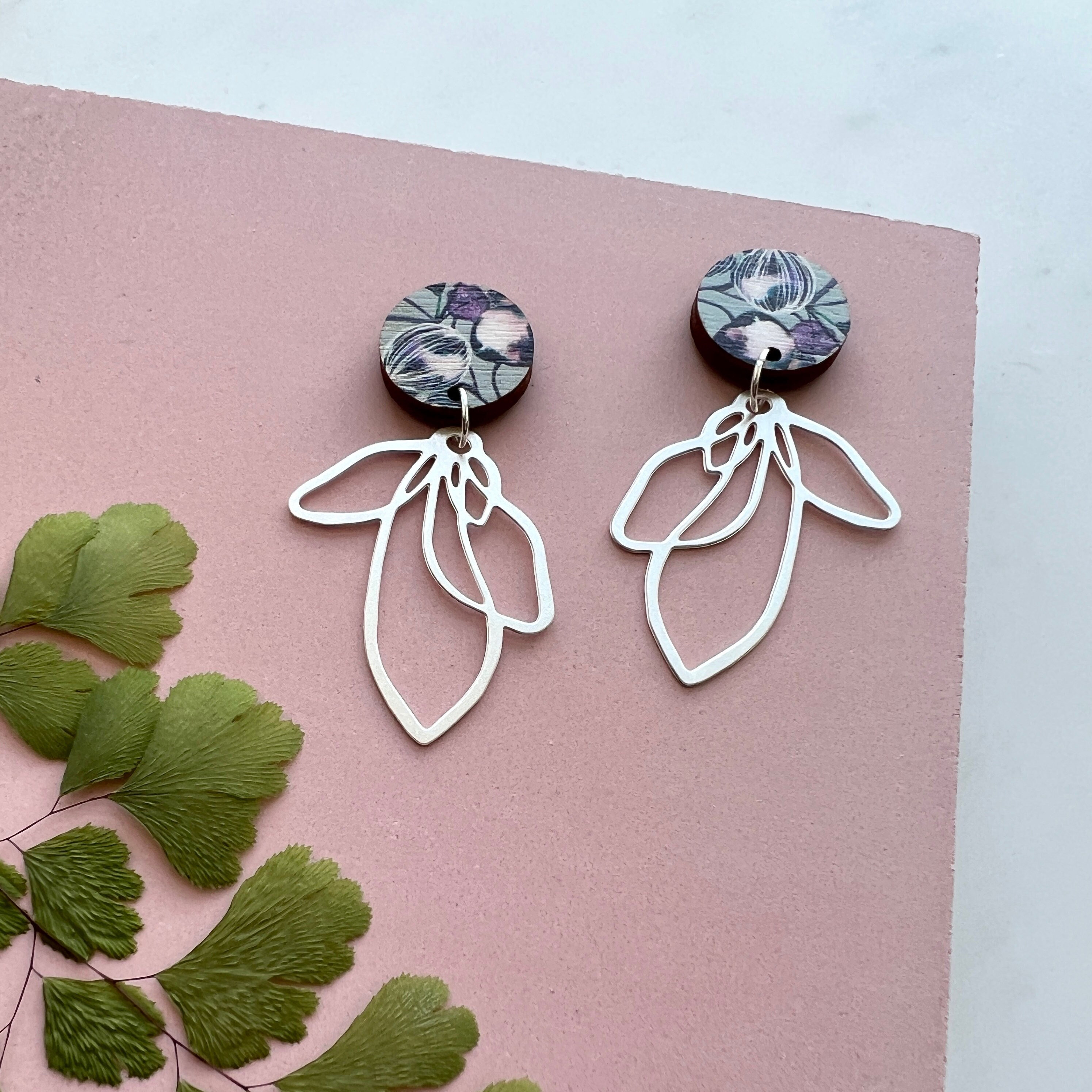 Silver Flower Petal Drop Earrings, Simple Dangle Leaf Floral Statement Earrings