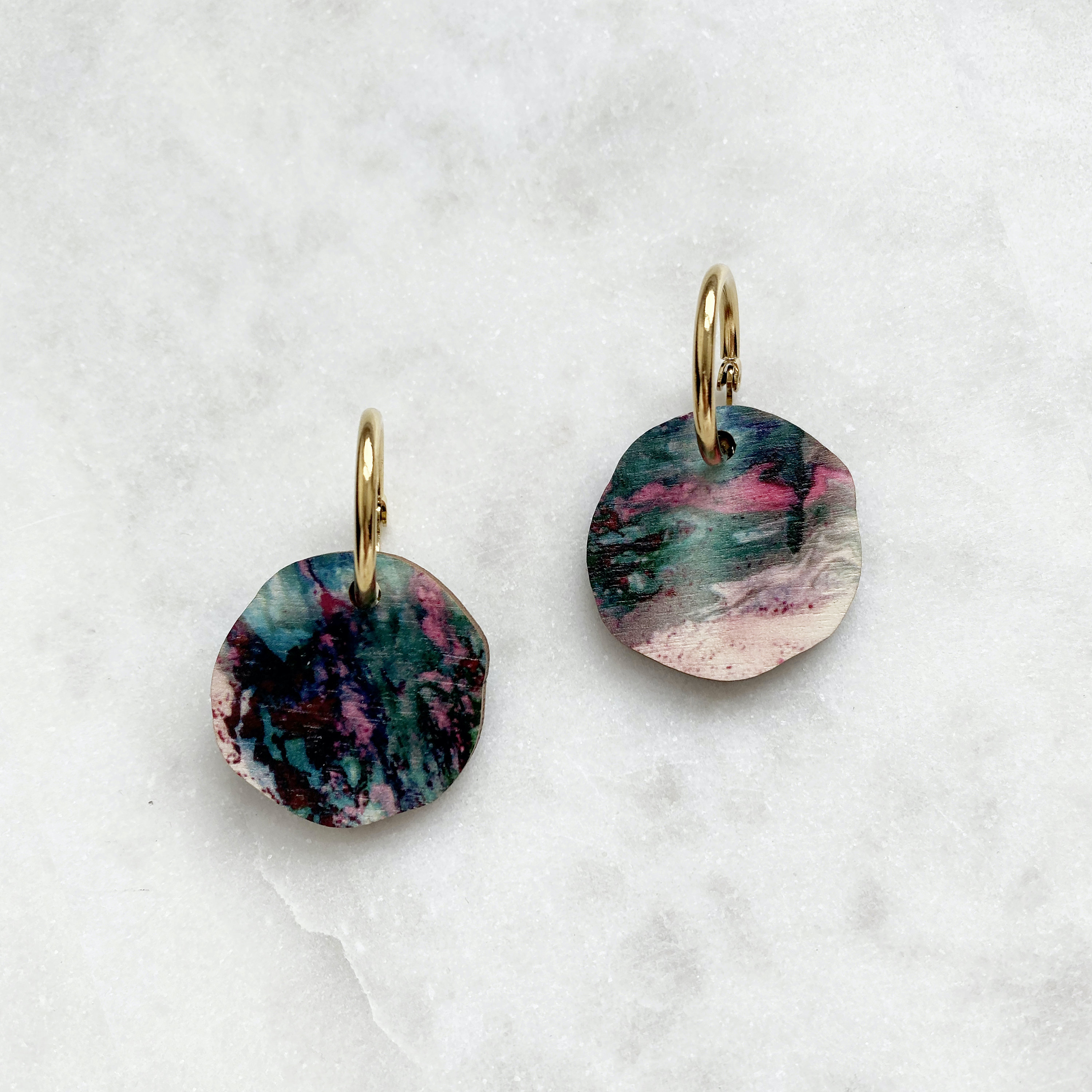 Disc Hoop Earrings - Irregular Circle Hoops Organic Geometric Gifts For Her Pink & Teal Marble