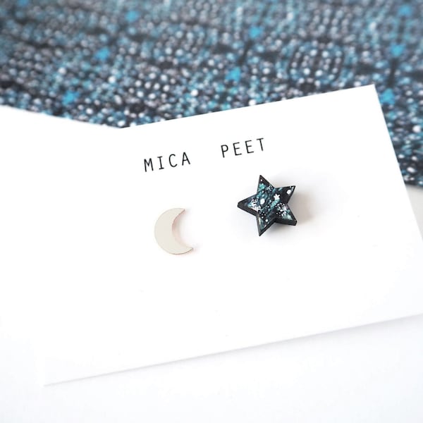 Moon and Star Stud Earrings – Celestial Mismatched Jewelry