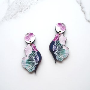 Blue Anemone Flower Dangle Earrings – Botanical Statement Wooden Studs