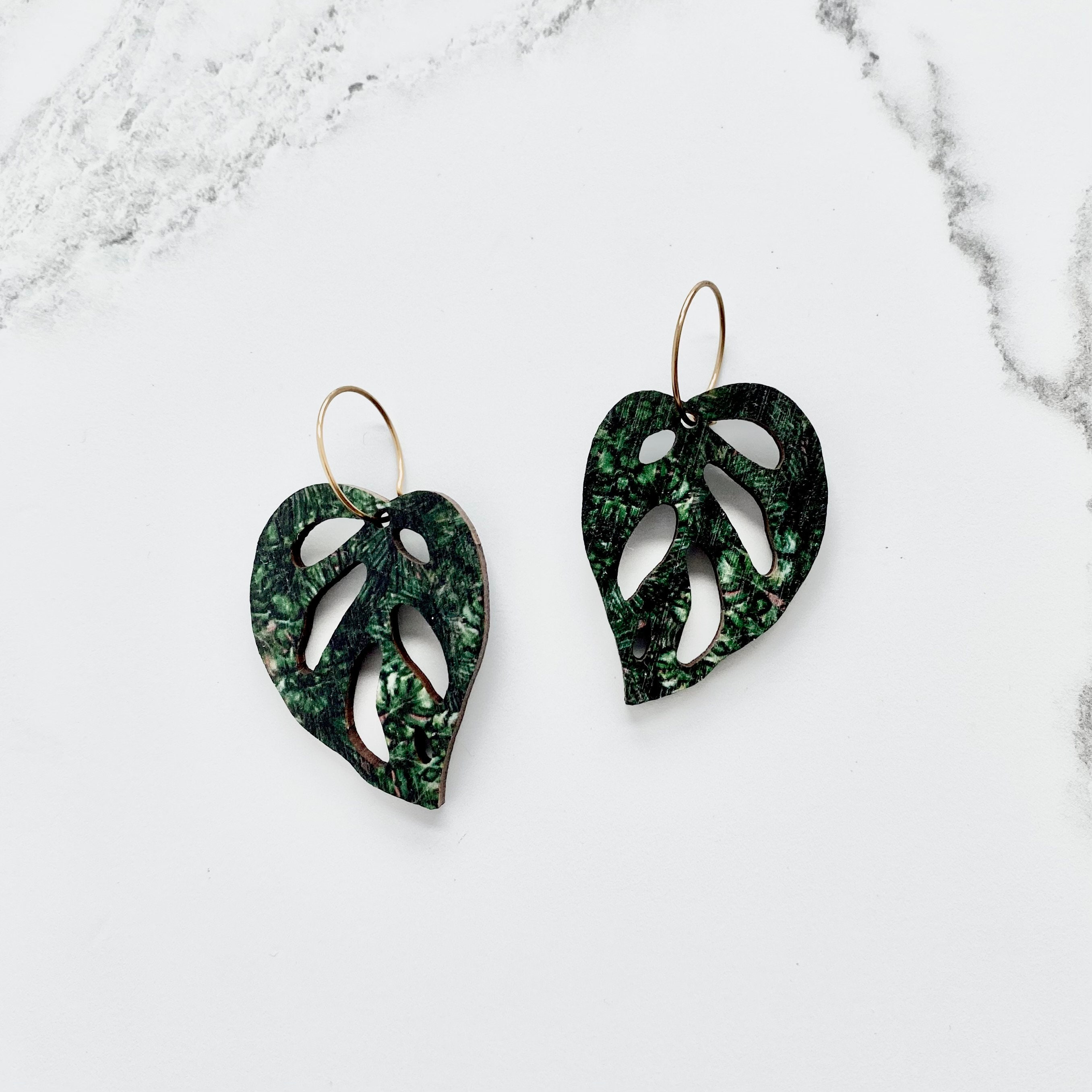 Green Monstera Hoops - Earrings Plant Leaf Hoop Jewellery Gift For Her Adansonii